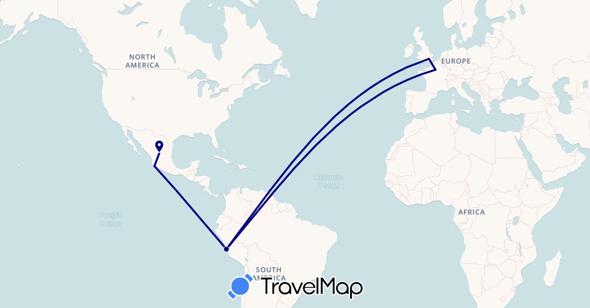 TravelMap itinerary: driving in France, United Kingdom, Mexico, Peru (Europe, North America, South America)